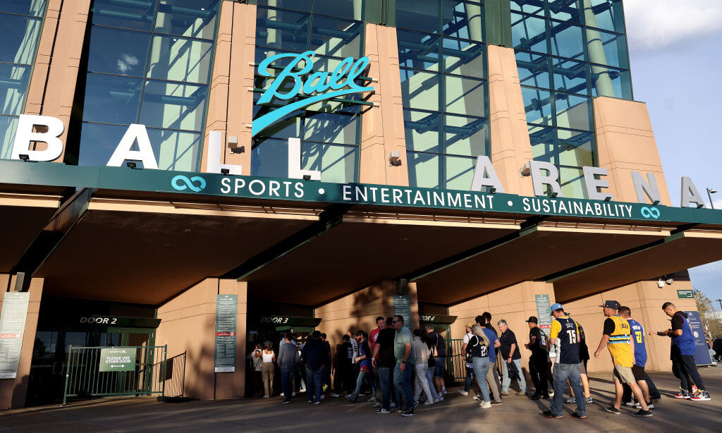 Fans arrive for the Denver Nuggets against the Los Angels Lakers during game two of the Western Con...