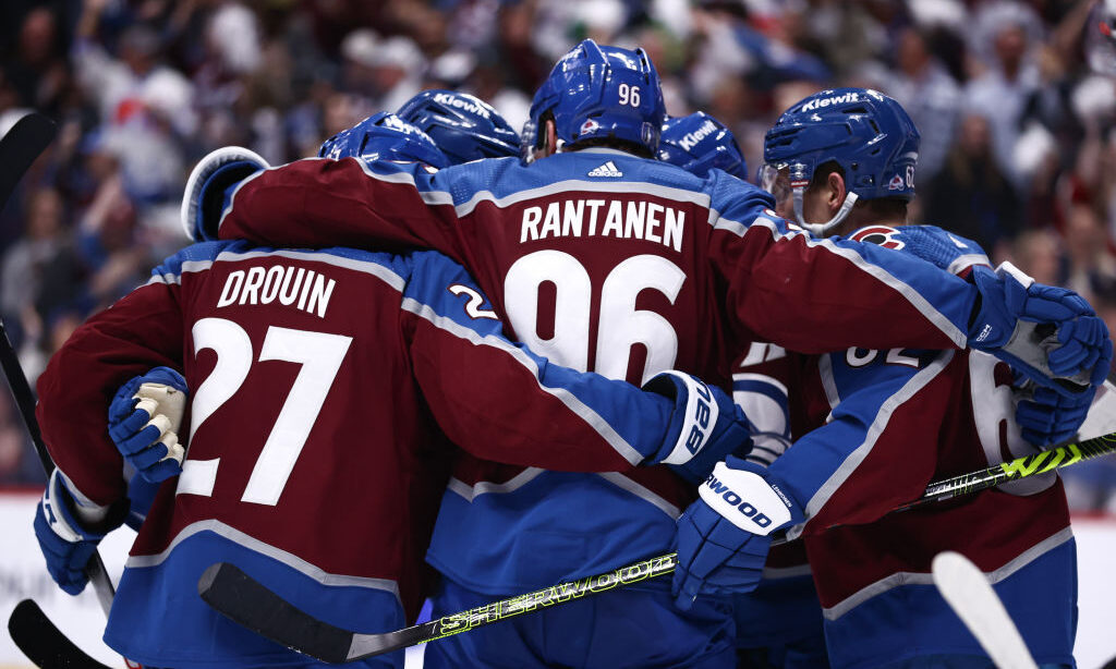 Mikko Rantanen #96 of the Colorado Avalanche celebrates with teammates after scoring a goal during ...